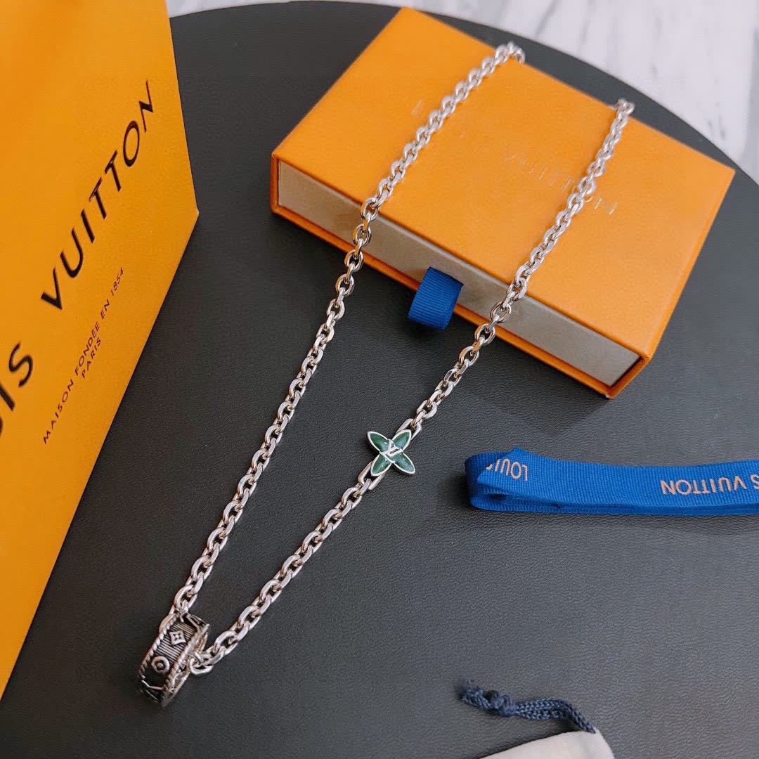 Louis Vuitton Silver Chain Bracelet with Green Enamel Cross and Ring